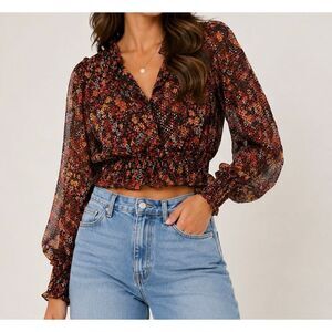 Free People XS Floral Smocked Sheer Peasant Blouse Boho Cottagecore Top